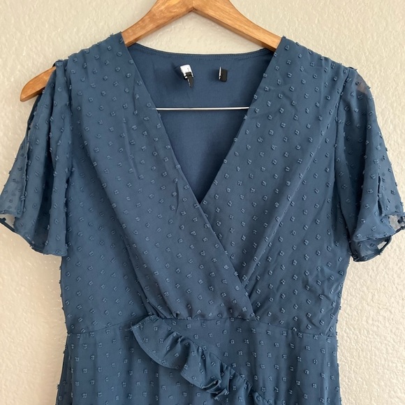 NWOT Next to You Slate Blue Swiss Dot Ruffled Midi Dress - Picture 5 of 9